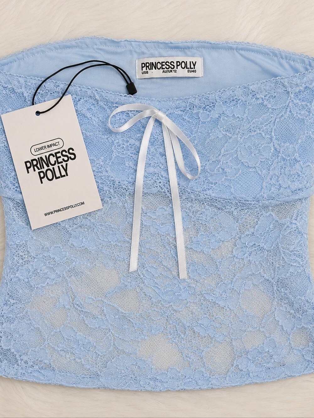 Princess Polly Light Blue Lace Strapless Tube Top with Satin Bow, NWT - Picture 2 of 9